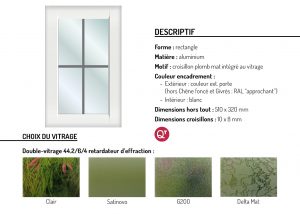 Hublot aluminium rectangle motif croisillon plomb mat intégré au vitrage