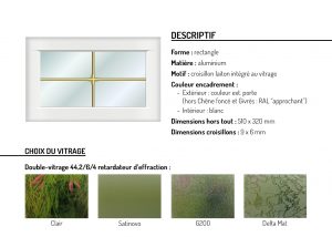 Hublot aluminium rectangle motif croisillon laiton intégré au vitrage
