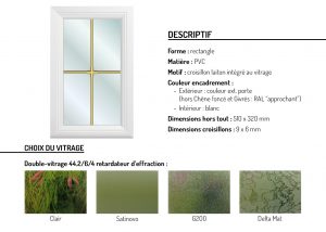 Hublot PVC rectangle motif croisillon laiton intégré au vitrage