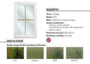 Hublot PVC rectangle motif croisillon laiton intégré au vitrage